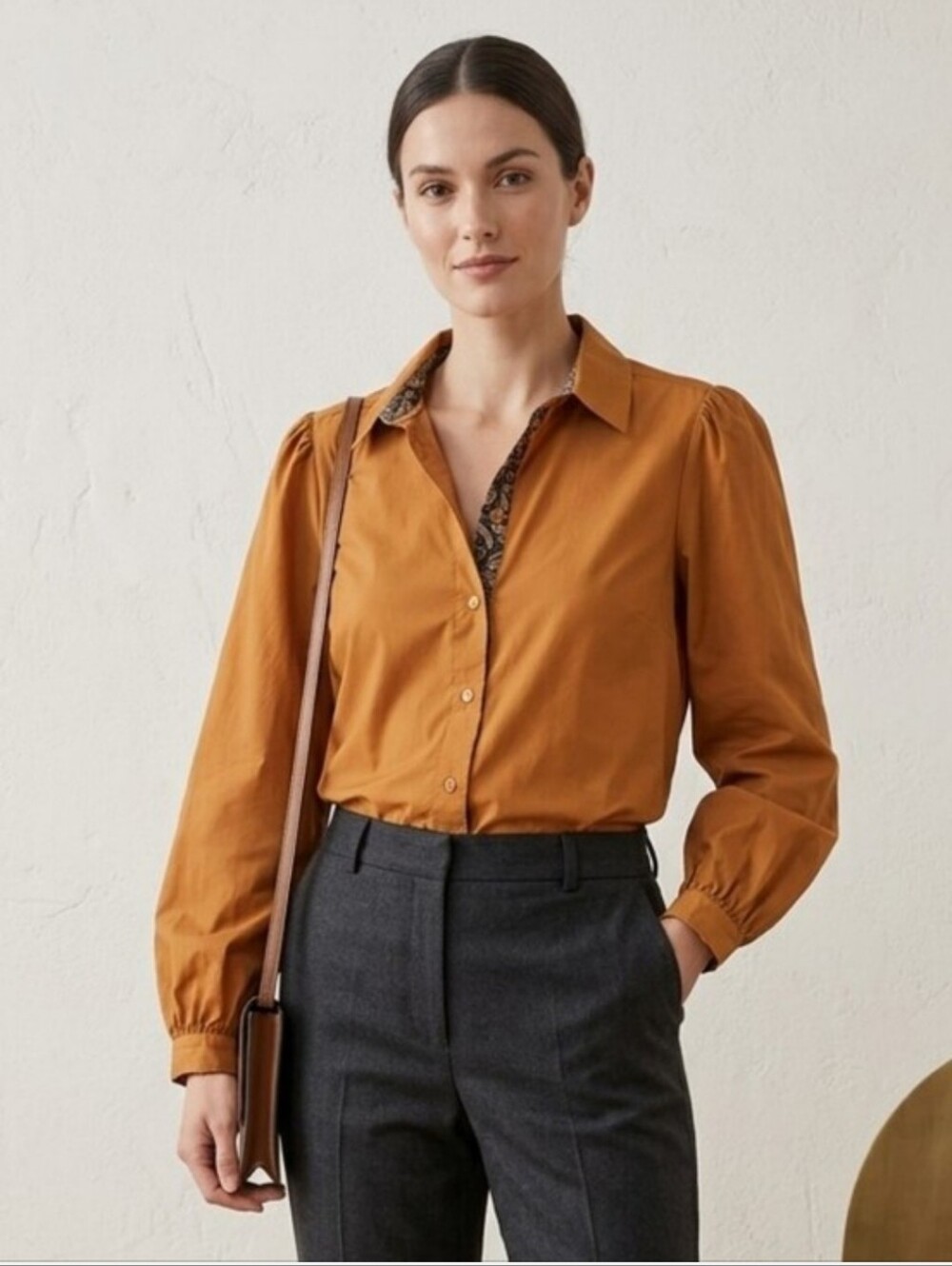 Contemporaine Simons Camel Brown 100% Cotton Puff Sleeve Blouse Top XL